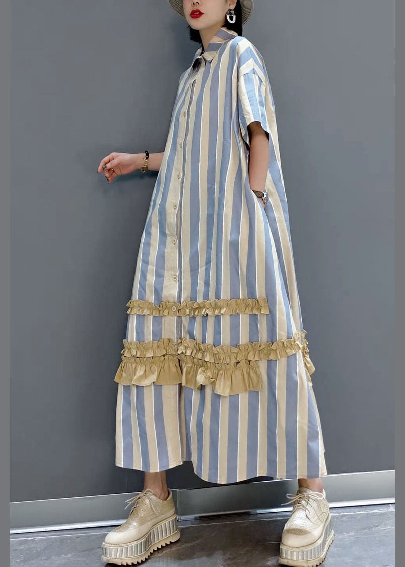 Italian Yellow Ruffled Peter Pan Collar Button Striped Shirt Dresses Short Sleeve
