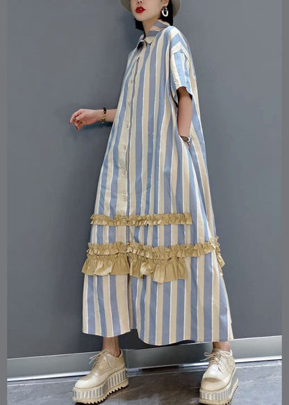 Italian Yellow Ruffled Peter Pan Collar Button Striped Shirt Dresses Short Sleeve