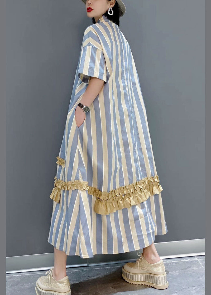 Italian Yellow Ruffled Peter Pan Collar Button Striped Shirt Dresses Short Sleeve