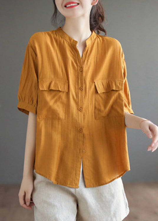 Italian Yellow V Neck Patchwork Button Cotton Shirt Short Sleeve