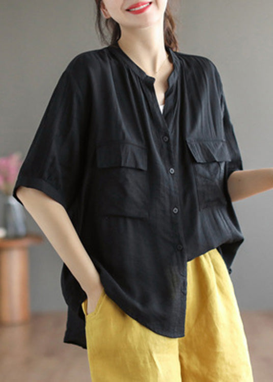 Italian Yellow V Neck Patchwork Button Cotton Shirt Short Sleeve