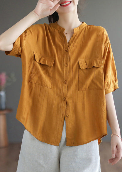 Italian Yellow V Neck Patchwork Button Cotton Shirt Short Sleeve