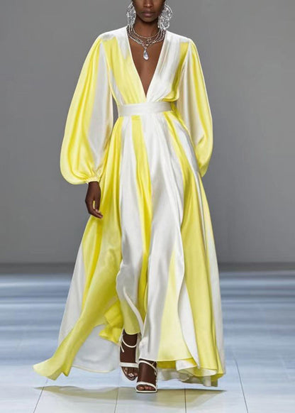 Italian Yellow V Neck Patchwork Silk Cinched Dress Spring