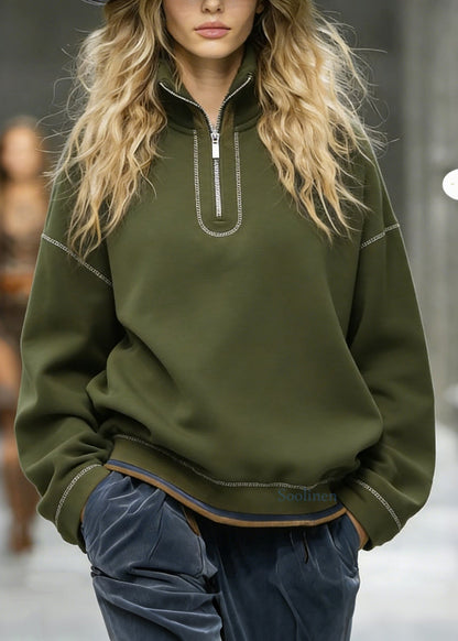 Italian Zip Up Patchwork Cotton Sweatshirts Top Spring