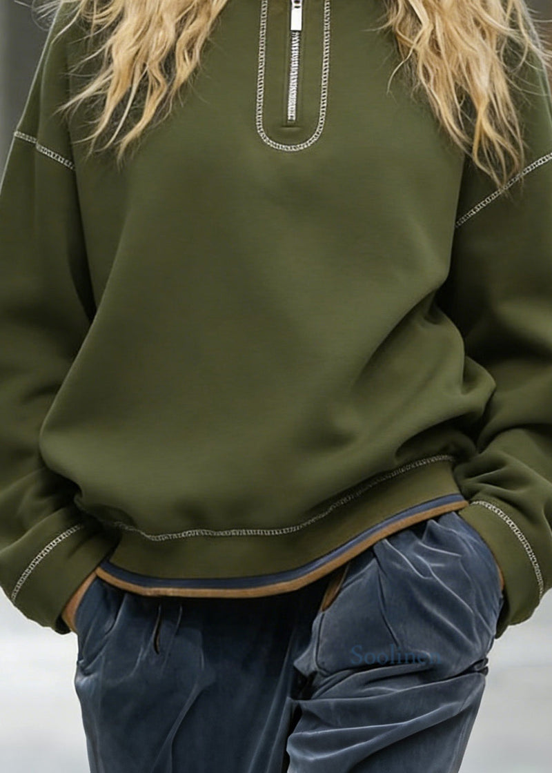 Italian Zip Up Patchwork Cotton Sweatshirts Top Spring
