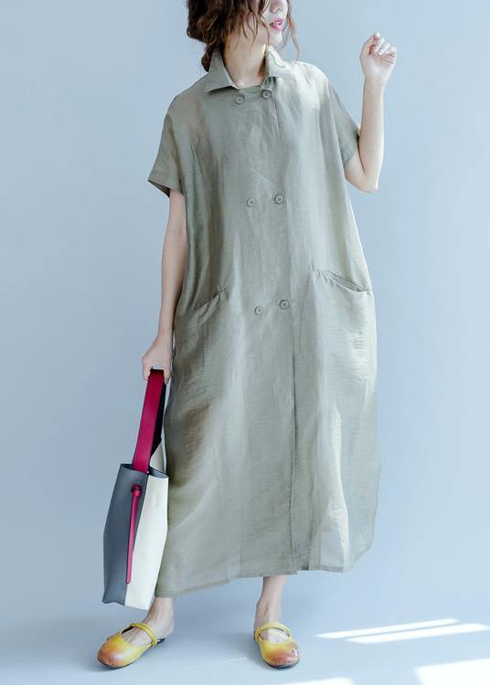 Italian Army Green Quilting Dresses Lapel Pockets Long Summer Dress