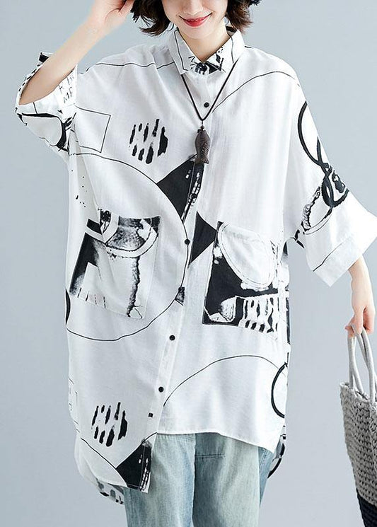 Italian Asymmetric Hem Cotton Linen Tops Blouses Neckline White Prints Shirt Summer