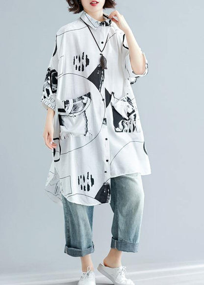 Italian Asymmetric Hem Cotton Linen Tops Blouses Neckline White Prints Shirt Summer