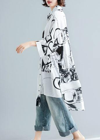 Italian Asymmetric Hem Cotton Linen Tops Blouses Neckline White Prints Shirt Summer