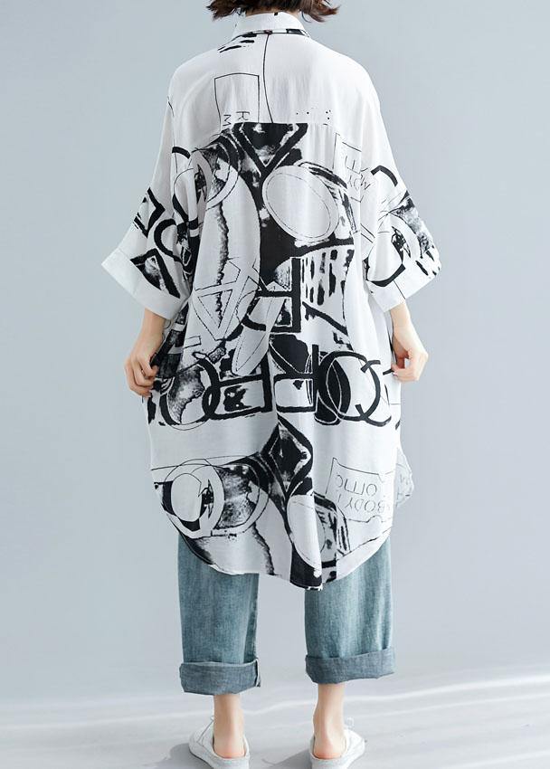 Italian Asymmetric Hem Cotton Linen Tops Blouses Neckline White Prints Shirt Summer