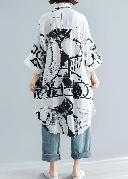 Italian Asymmetric Hem Cotton Linen Tops Blouses Neckline White Prints Shirt Summer