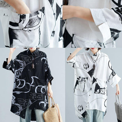Italian Asymmetric Hem Cotton Linen Tops Blouses Neckline White Prints Shirt Summer
