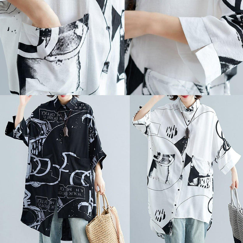 Italian Asymmetric Hem Cotton Linen Tops Blouses Neckline White Prints Shirt Summer
