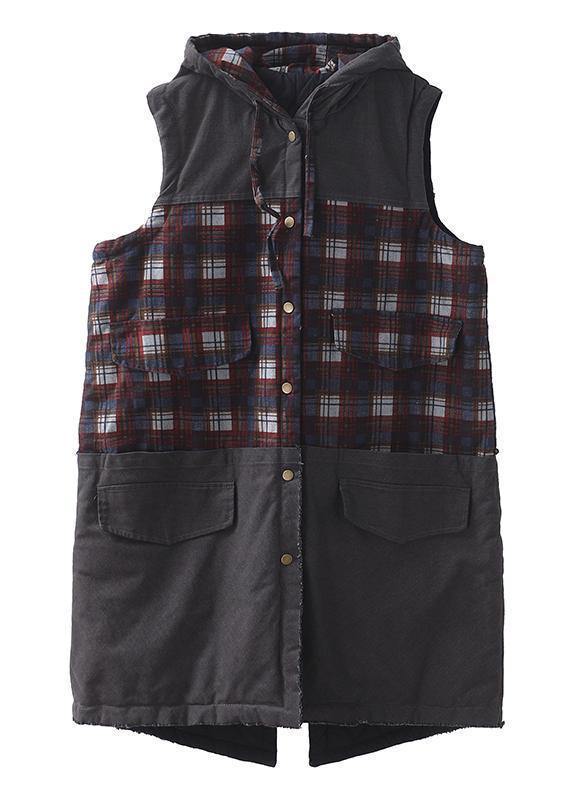 Italian Back Open Fine Hooded Tunic Pattern Patchwork Plaid Baggy Outwears