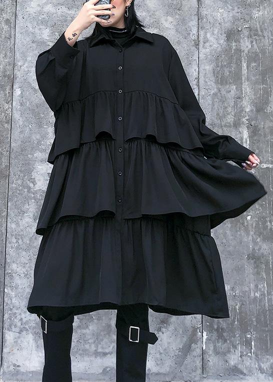 Italian Black Cotton Quilting Clothes Spring Shift Layered Ruffles Dresses