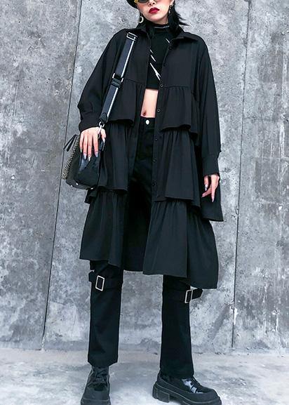 Italian Black Cotton Quilting Clothes Spring Shift Layered Ruffles Dresses