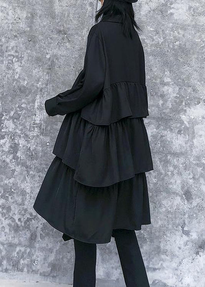 Italian Black Cotton Quilting Clothes Spring Shift Layered Ruffles Dresses