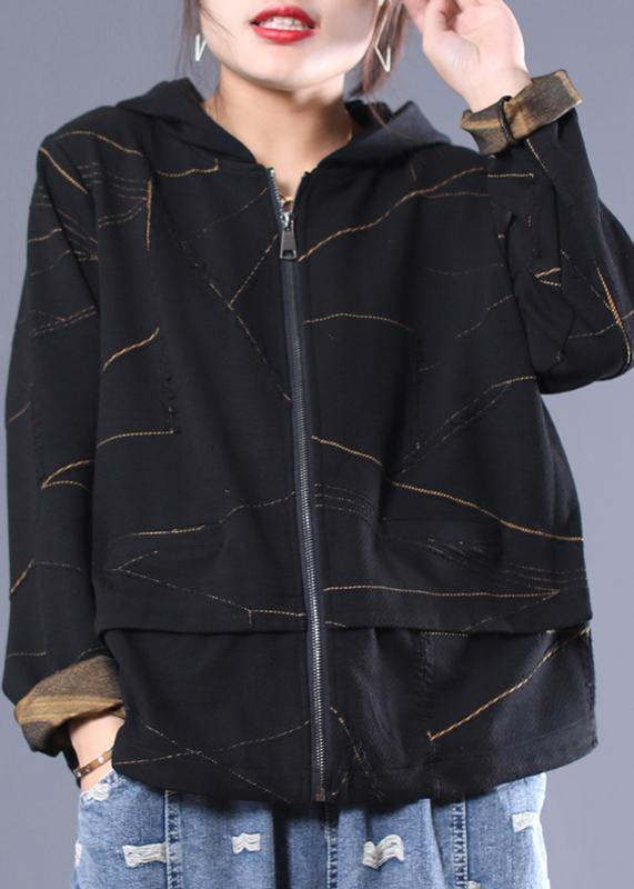 Italian Black Fine Outwear Design Hooded Zippered Coat
