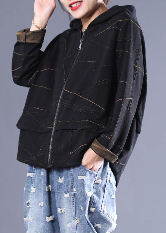 Italian Black Fine Outwear Design Hooded Zippered Coat
