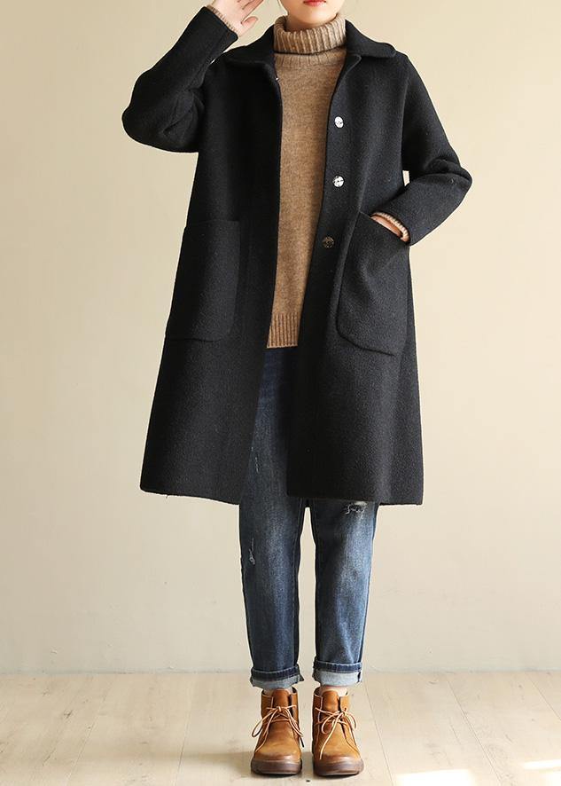 Italian Black Outfit Cotton Notched Collar Two Pockets Coat