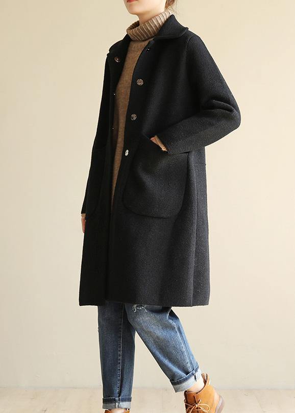 Italian Black Outfit Cotton Notched Collar Two Pockets Coat