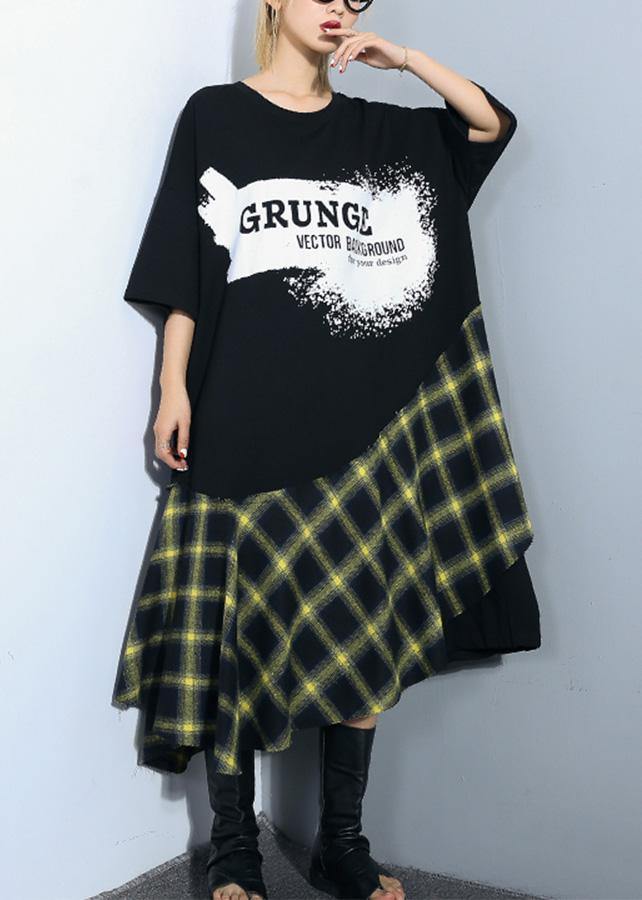 Italian Black Alphabet Prints Cotton Tunic Pattern Patchwork Plaid Maxi Summer Dress