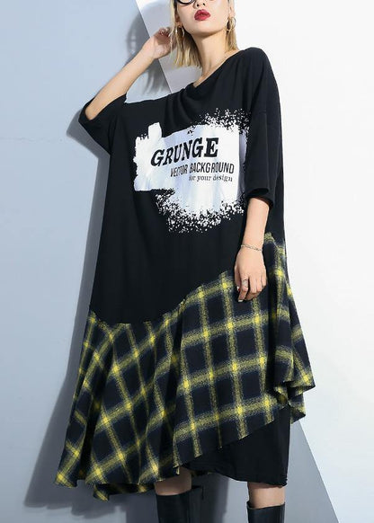 Italian Black Alphabet Prints Cotton Tunic Pattern Patchwork Plaid Maxi Summer Dress