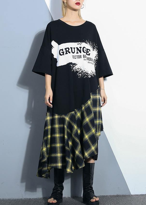 Italian Black Alphabet Prints Cotton Tunic Pattern Patchwork Plaid Maxi Summer Dress