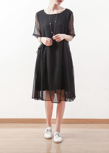 Italian Black Chiffon Dresses O Neck Cinched Long Summer Dress