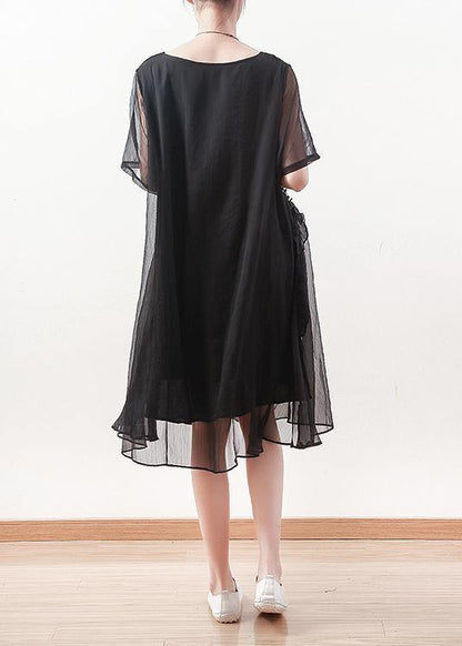 Italian Black Chiffon Dresses O Neck Cinched Long Summer Dress
