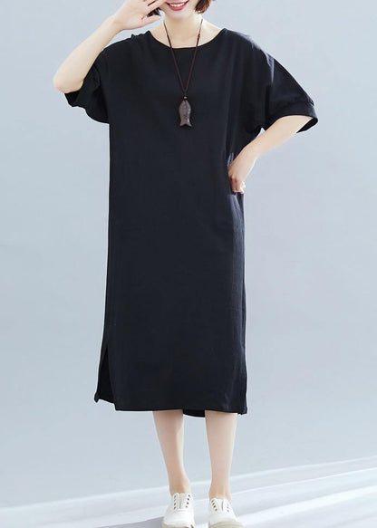 Italian Black Cotton Wardrobes O Neck Side Open Art Summer Dress