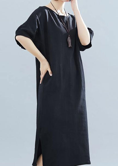 Italian Black Cotton Wardrobes O Neck Side Open Art Summer Dress