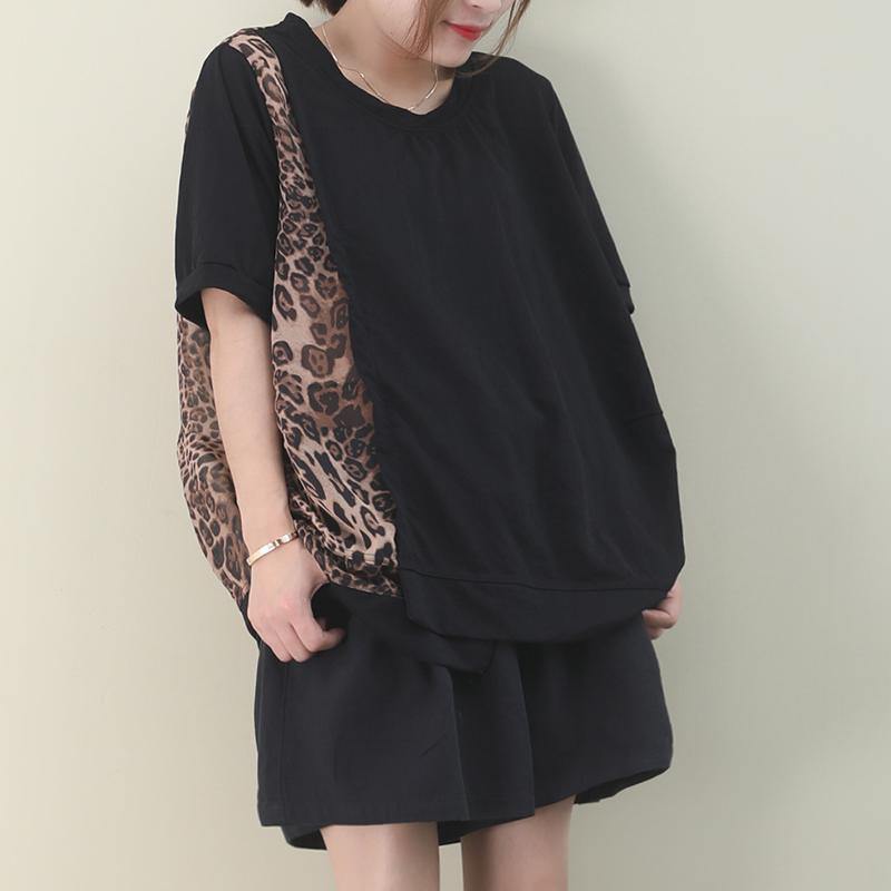 Italian Black Cotton Clothes for O Neck Patchwork Leopard Knee Blouses