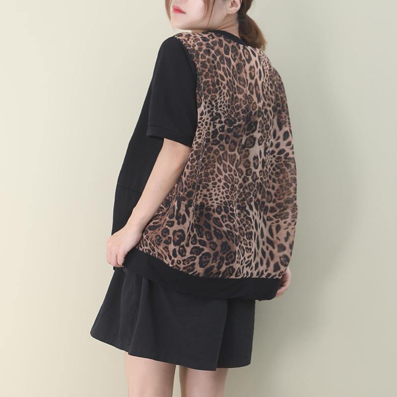 Italian Black Cotton Clothes for O Neck Patchwork Leopard Knee Blouses