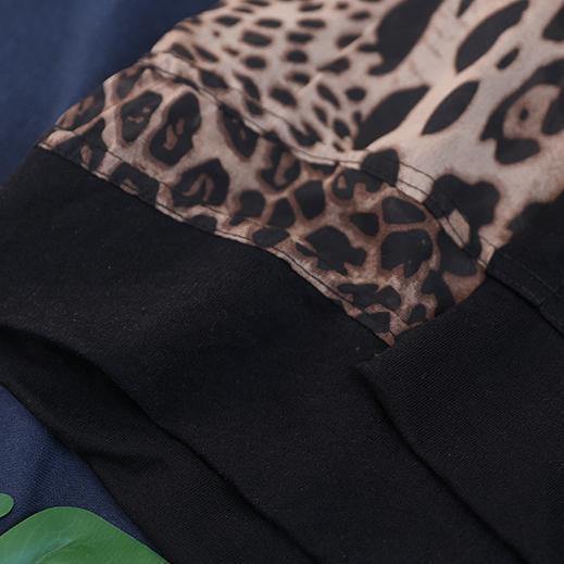 Italian Black Cotton Clothes for O Neck Patchwork Leopard Knee Blouses