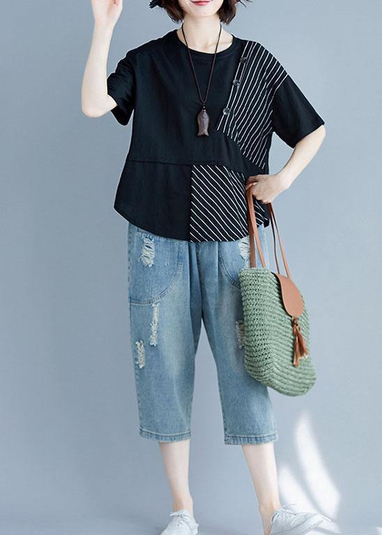 Italian Black Cotton Clothes for O Neck Patchwork Loose Summer Blouses