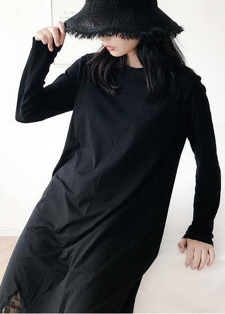 Italian Black Cotton Dress Hollow Out Maxi Summer Patchwork Dress