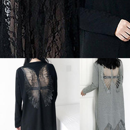 Italian Black Cotton Dress Hollow Out Maxi Summer Patchwork Dress