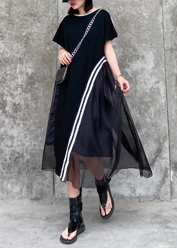Italian Black Cotton Dress O Neck Patchwork Kaftan Dresses