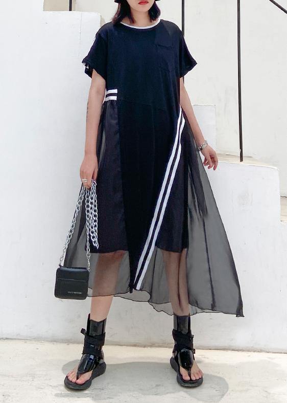 Italian Black Cotton Dress O Neck Patchwork Kaftan Dresses