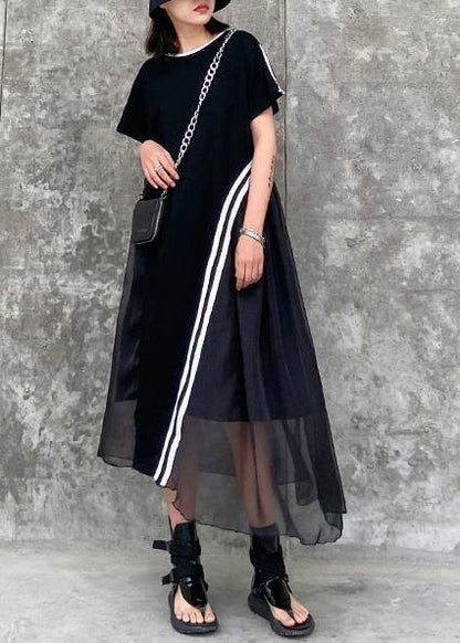 Italian Black Cotton Dress O Neck Patchwork Kaftan Dresses