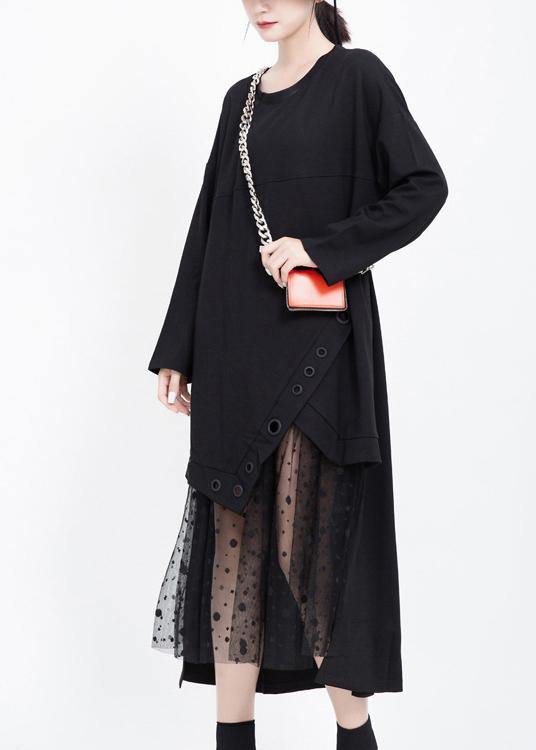 Italian Black Cotton Dresses Patchwork Tulle Long Fall Dress