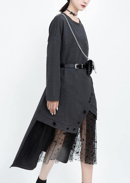 Italian Black Cotton Dresses Patchwork Tulle Long Fall Dress
