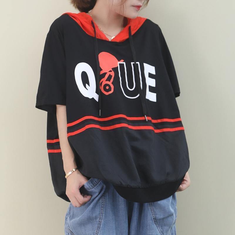 Italian Black Cotton Shirts Hooded Half Sleeve Dresses Summer