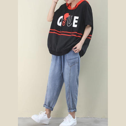 Italian Black Cotton Shirts Hooded Half Sleeve Dresses Summer