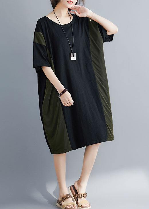 Italian Black Cotton Tunics for O Neck Patchwork Maxi Summer Dresses