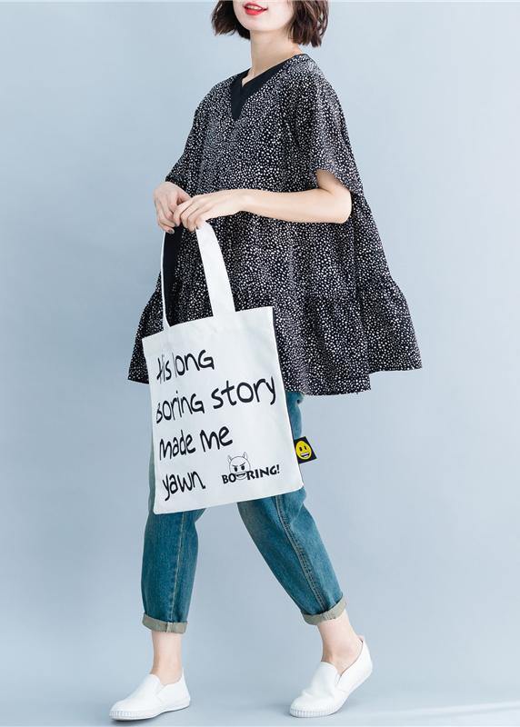 Italian Black Dotted Blouse V Neck Art Summer Shirt