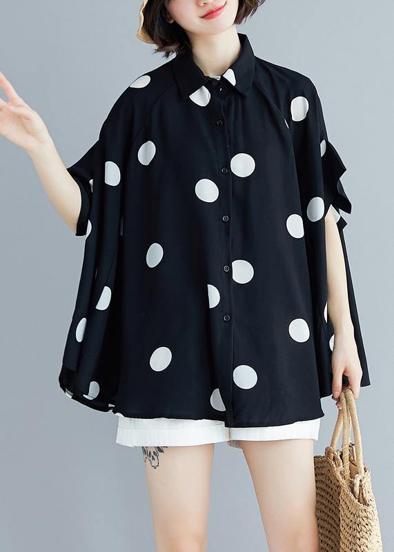 Italian Black Dotted Chiffon Tops Quality Sewing Lapel Art Summer Shirt