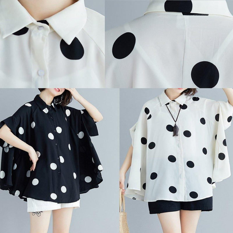 Italian Black Dotted Chiffon Tops Quality Sewing Lapel Art Summer Shirt