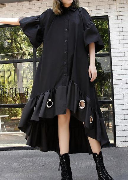 Italian Black Hollow Out Cotton Quilting Dresses Asymmetric Hem Traveling Summer Patchwork Dress